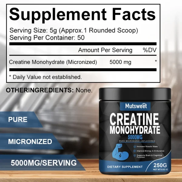 Creatina monohidratada, 5000 mg, constructor corporal, rendimiento energético, proteínas de suero sin ceto para la salud muscular, sin OGM, sin gluten - Image 5