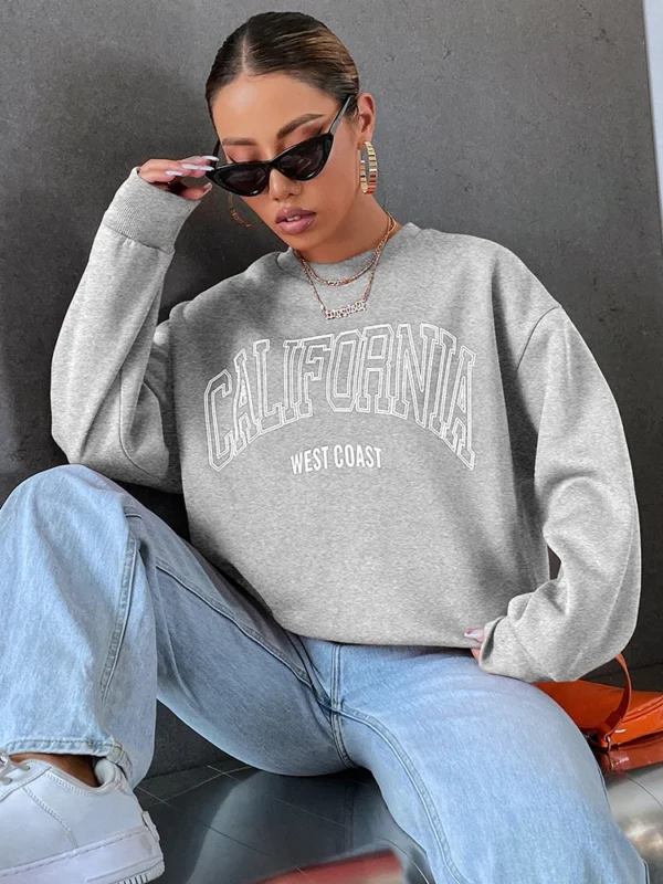 Sudadera con capucha con estampado de la costa occidental de California para mujer, jersey de manga larga con cuello redondo, ropa deportiva de tendencia coreana - Image 3
